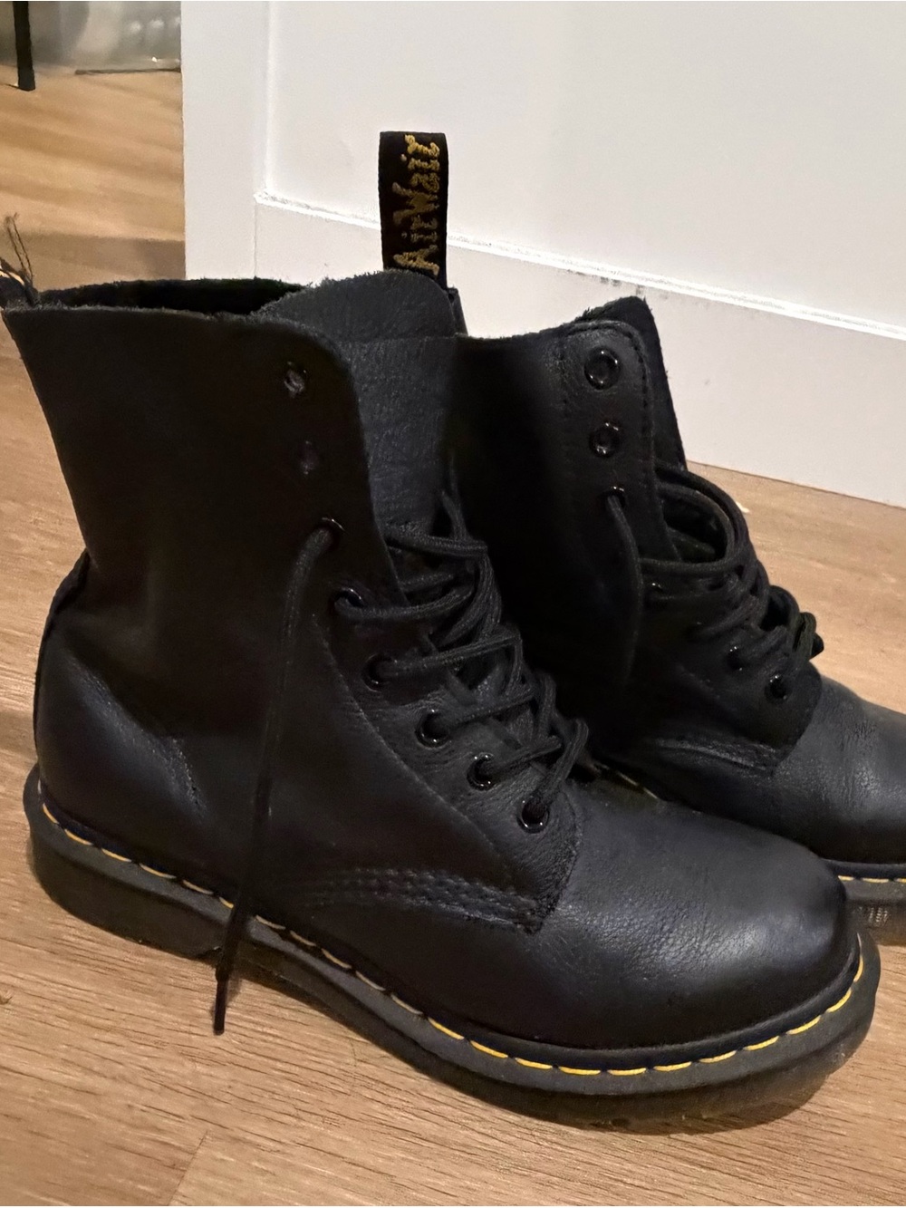 Dr. Martens Black Leather Lace-Up Combat Boots with Yellow Stitching